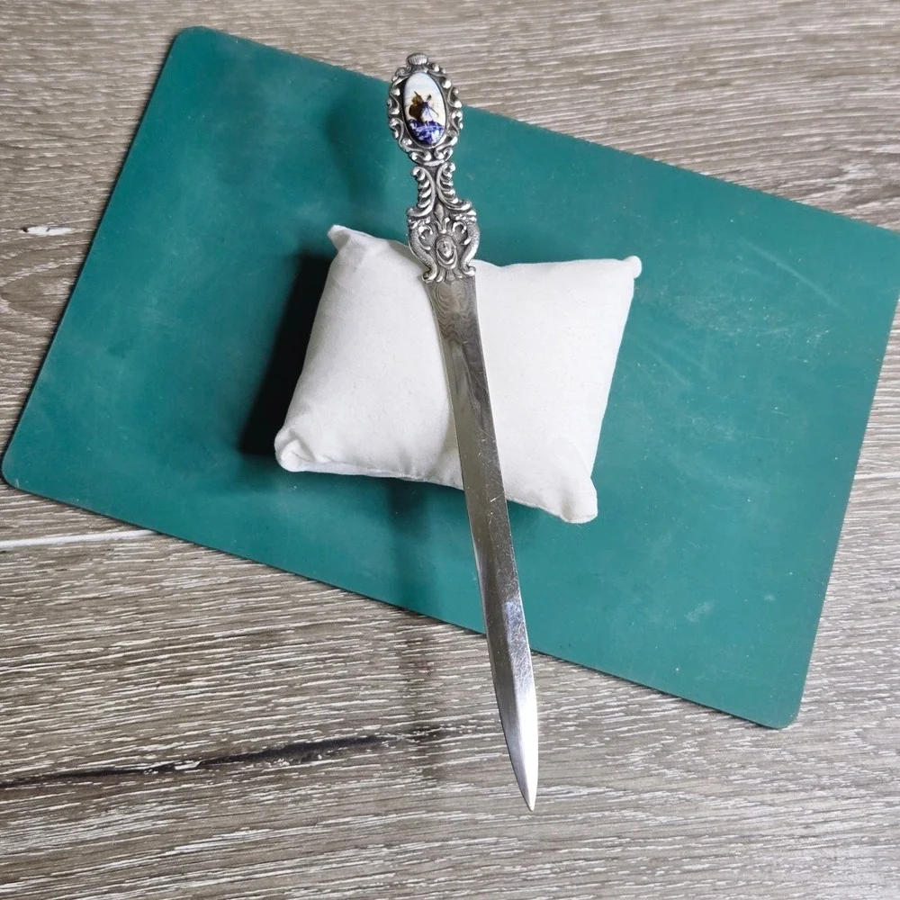 Vintage 800 Silver Ornate Letter Opener w/ Porcelain Windmill Scene 34g European
